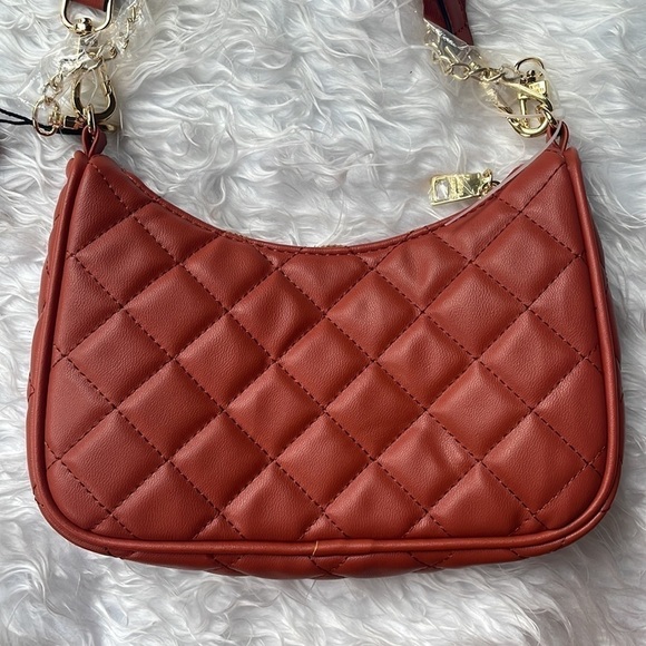 Brand New Steve Madden Quilted Stitch Orange Zip Crossbody Purse Gold Tone Chain - Picture 4 of 15